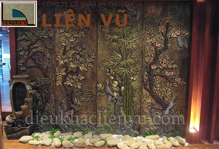 Bộ tranh phù điêu hoa lá nổi tiếng- phù điêu tứ quý “Tùng-Cúc-Trúc-Mai”