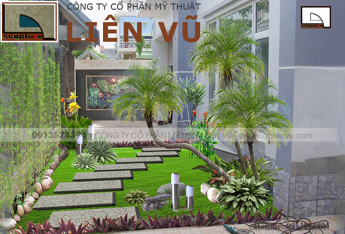 Cảnh quan sân vườn đẹp với nghệ thuật điêu khắc
