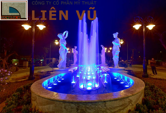 Công trình đài phun nước nghệ thuật ấn tượng với tượng điêu khắc và đèn led