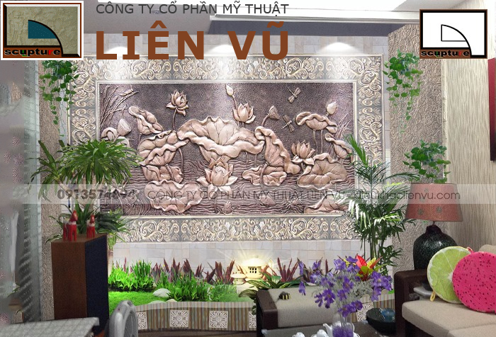 Không gian phòng khách đẹp với tranh phù điêu hoa lá sen