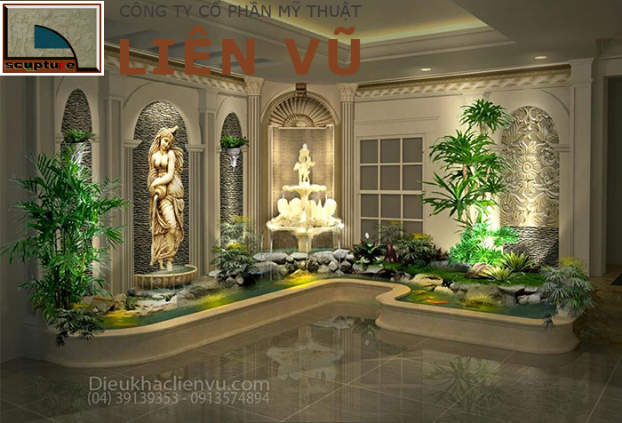 Mẫu thiết kế tiểu cảnh đẹp với phù điêu cô gái đắp nổi