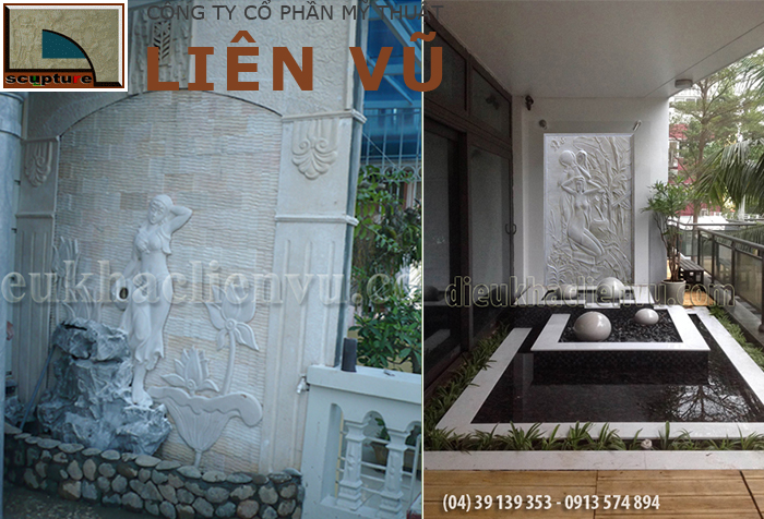 Phù điêu cô gái đẹp ốp tường trong tiểu cảnh