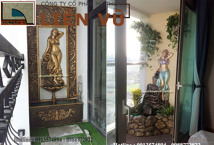 Phù điêu cô gái đổ nước trong tiểu cảnh