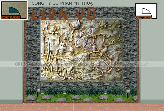 Phù điêu đầm sen và chim bói ca