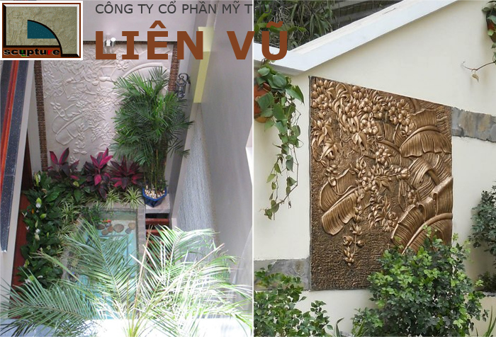 Phù điêu hoa lá chuối ốp tường trong tiểu cảnh