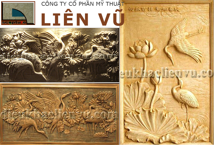 Phù điêu hoa lá phong thủy chủ đề sen hạc