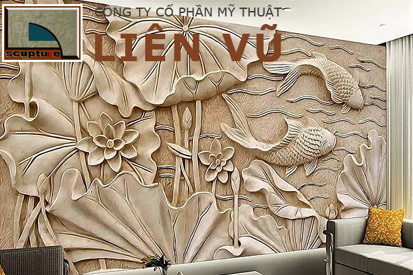 Phù điêu hoa sen và cá chép trang trí nội thất