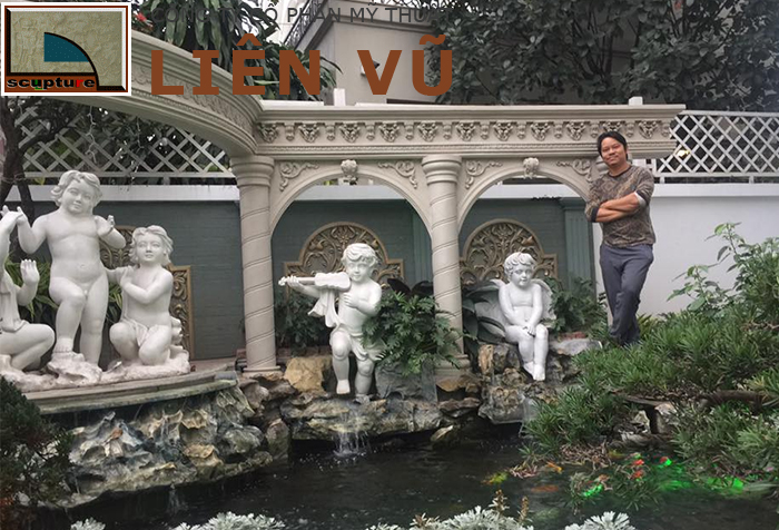 Phù điêu hoa văn châu Âu trang trí tường bao sau tiểu cảnh hồ cá Koi