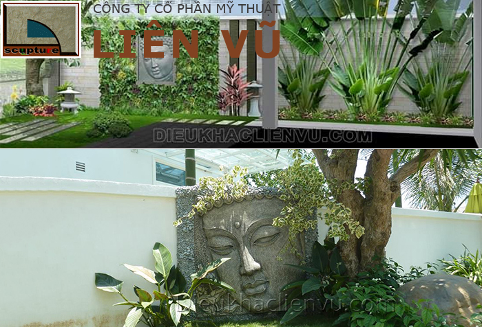 Phù điêu mặt Phật trong sân vườn