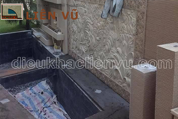 Thi công tiểu cảnh đài phun nước kết hợp phù điêu hoa lá