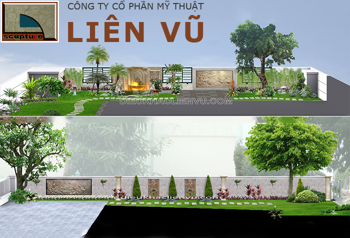 Thiết kế sân vườn đẹp, đơn giản với phù điêu nghệ thuật