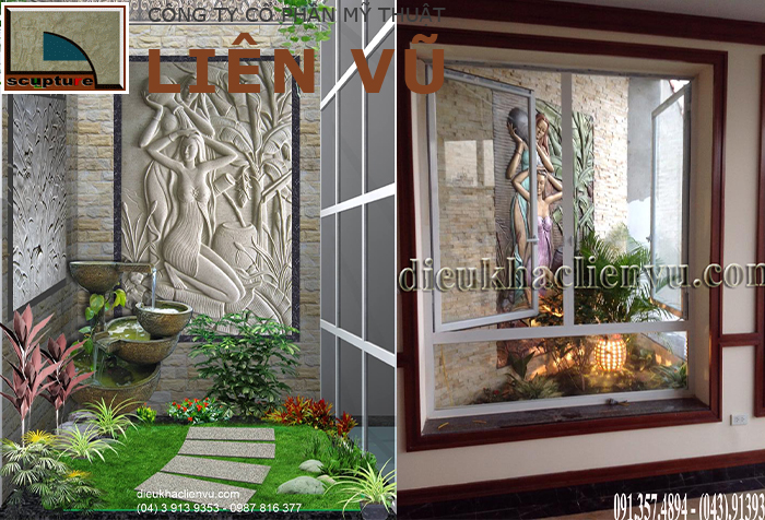 Thiết kế, thi công tiểu cảnh đẹp với phù điêu cô gái