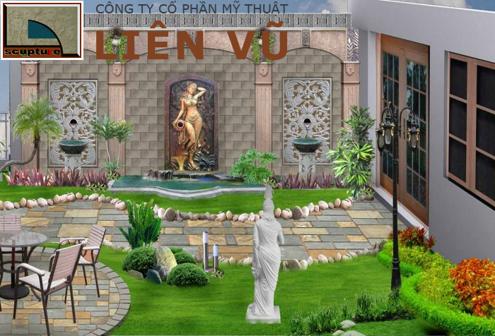 Thiết kế tiểu cảnh đẹp với phù điêu cô gái bê bình đổ nước