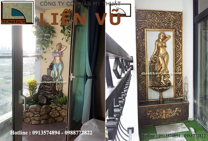 Tiểu cảnh ban công đẹp với đài nước phù điêu cô gái ôm bình