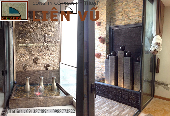 Tiểu cảnh ban công đơn giản với đài phun nước điêu khắc