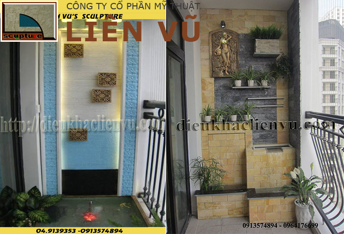 Tiểu cảnh ban công đơn giản với phù điêu