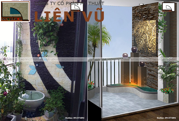 Tiểu cảnh thác nước ban công và cây xanh