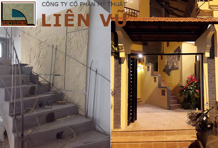 Trang trí mảng tường lớn lối lên cầu thang với phù điêu
