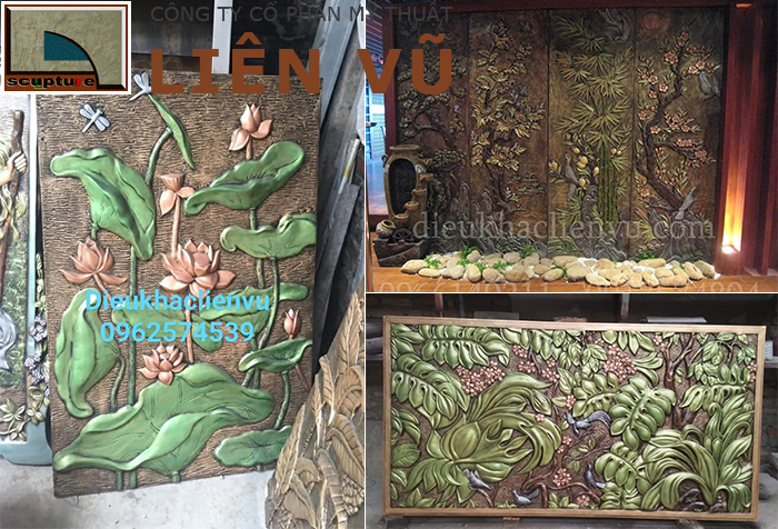 Tranh điêu khắc phù điêu hoa lá được sơn màu rực rỡ