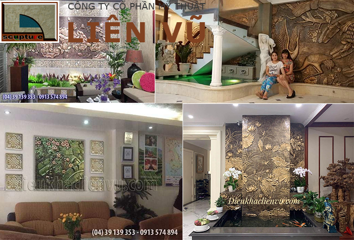 Tranh phù điêu hoa lá treo tường, kết hợp tiểu cảnh phòng khách đẹp