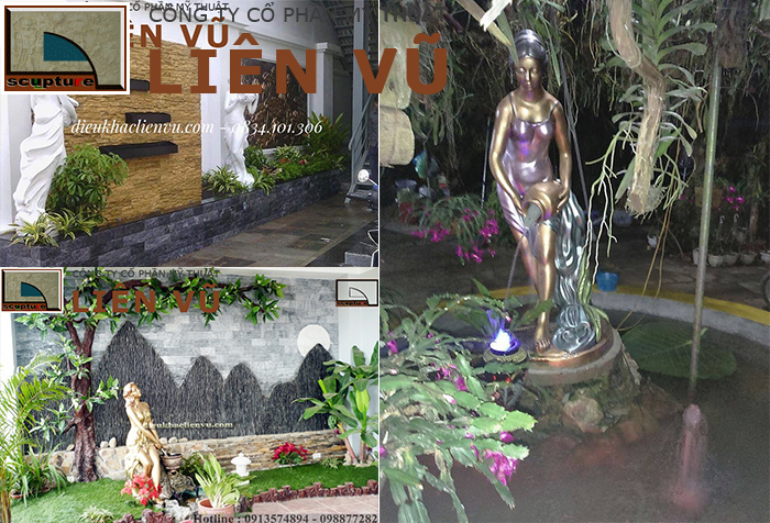 Tượng cô gái bê bình đổ nước được đưa vào nhiều tiểu cảnh khác nhau