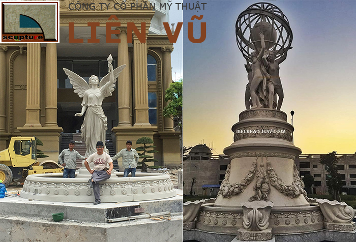 Tượng cô gái châu Âu trong tiểu cảnh đài phun nước