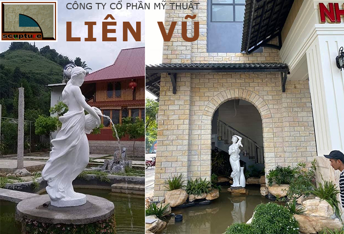 Tượng cô gái đổ nước composite trong tiểu cảnh ngoài trời