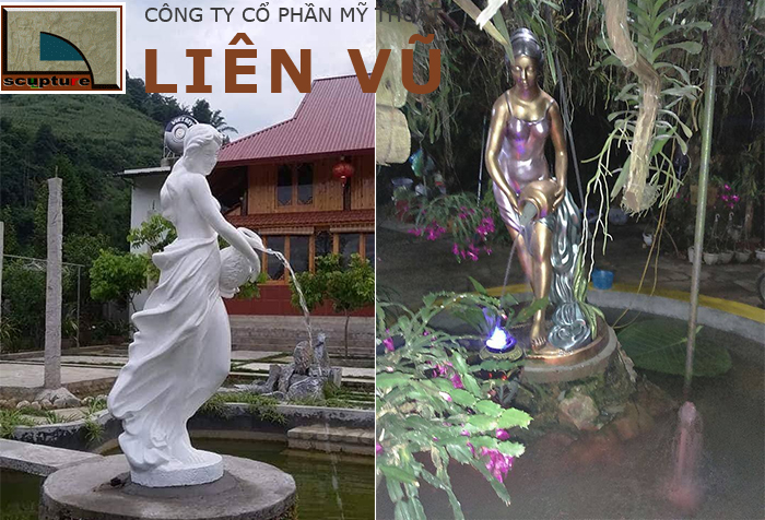 Tượng cô gái ôm bình đổ nước kết hợp tiểu cảnh