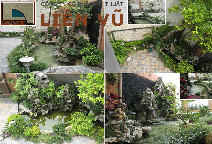 Tiểu cảnh sân vườn non bộ với phù điêu và tượng điêu khắc