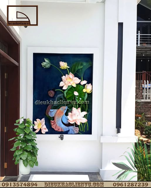 Tranh phù điêu sen cá