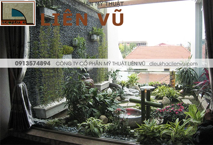 Tiểu cảnh ban công đẹp với thác nước, đài phun mini